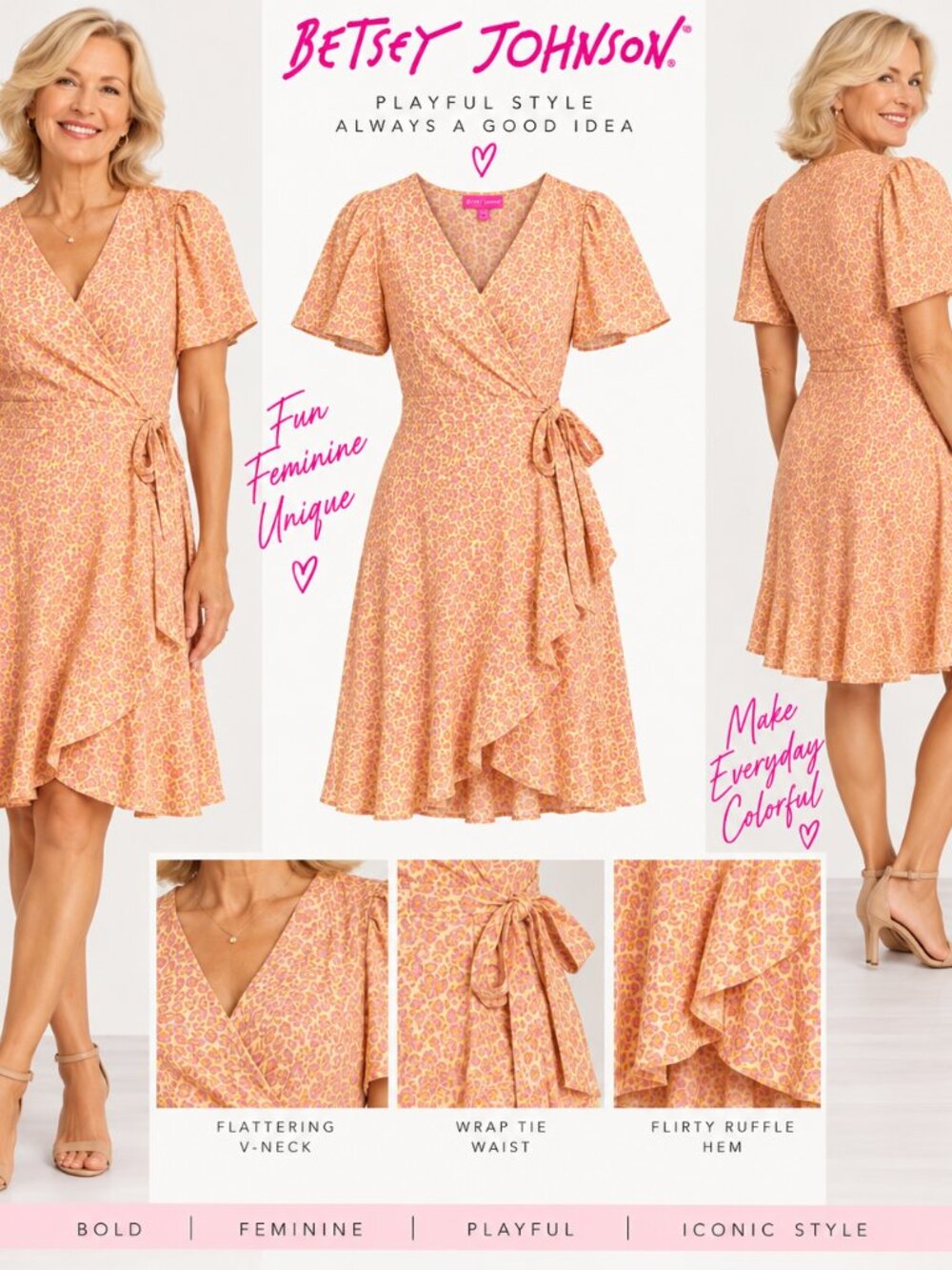 Betsey Johnson Call of the Wild Leopard Print Faux Wrap Dress Short Sleeve Sz 14